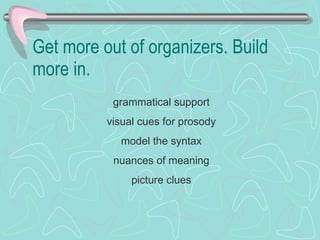 Get more out of organizers. Build more in.  grammatical support visual cues for prosody model the syntax nuances of meaning picture clues 