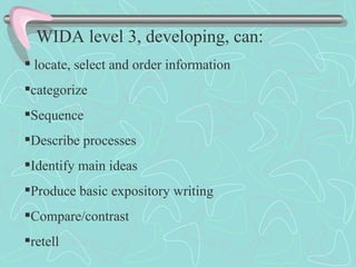 WIDA level 3, developing, can: locate, select and order information  categorize Sequence Describe processes Identify main ideas Produce basic expository writing  Compare/contrast retell 