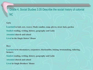 Grade 4, Social Studies 3.05 Describe the social history of colonial NC   Girls Learned  to knit, sew, weave; Made candles, soap, gloves, straw hats, garden  Studied  reading, writing, history, geography and Latin Attended  church and school Lived  in the Single Sisters’ House Boys Learned  to be shoemakers, carpenters, blacksmiths, baking, brickmaking, tailoring, farmers Studied  reading, writing, history, geography and Latin Attended  church and school Lived  in Single Brothers’ House 