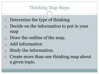 Thinking Map Steps

1. Determine the type of thinking
2. Decide on the information to put in your
     map
3.   Draw the outline of the map.
4.   Add information
5.   Study the information.
6.   Create more than one thinking map about
     a given topic.
 