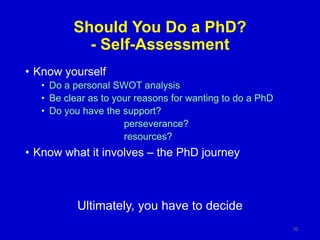 Should You Do a PhD?
- Self-Assessment
• Know yourself
• Do a personal SWOT analysis
• Be clear as to your reasons for wanting to do a PhD
• Do you have the support?
perseverance?
resources?
• Know what it involves – the PhD journey
Ultimately, you have to decide
32
 