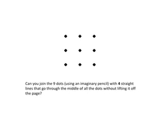 Can you join the 9 dots (using an imaginary pencil) with 4 straight
lines that go through the middle of all the dots without lifting it off
the page?
 