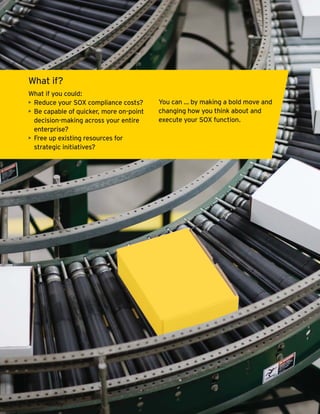 What if?
    What if you could:
    • Reduce your SOX compliance costs?      You can … by making a bold move and
    • Be capable of quicker, more on-point   changing how you think about and
      decision-making across your entire     execute your SOX function.
      enterprise?
    • Free up existing resources for
      strategic initiatives?




3
 