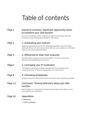 Table of contents
Page 1    Executive summary: Signiﬁcant opportunity exists
          to transform your SOX function
          Our survey reveals four actions companies can take now to empower their SOX
          functions to create fundamental advantages in their sectors.


Page 2    1. Automating your controls
          Replacing manual detect controls with embedded automated controls will make a
          signiﬁcant difference in the hours burned on SOX each year, resulting in an immediate
          impact on your cost-containment efforts.


Page 4    2. Offshoring for lower-cost resources
          The SOX function procedures are now well codiﬁed — it’s time to realize cost
          efﬁciencies from globalizing your resources.


Page 6    3. Leveraging your IT investment
          The beneﬁts of going beyond simple automation and more comprehensively
          leveraging all of your IT resources also applies to your SOX function.


Page 8    4. Innovating strategically
          Strategic innovation around SOX execution can enhance your competitive advantage.


Page 13   Conclusion: Thinking differently about your SOX
          function
          SOX compliance is an opportunity to bring innovative approaches to help you drive
          more value into your operations.


Page 14   Appendices:
          • Background

          • Industry breakdown
 
