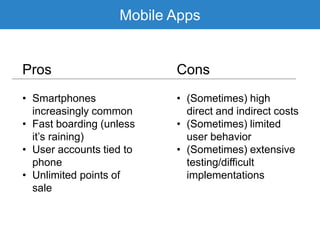Mobile Apps
Pros Cons
• Smartphones
increasingly common
• Fast boarding (unless
it’s raining)
• User accounts tied to
phone
• Unlimited points of
sale
• (Sometimes) high
direct and indirect costs
• (Sometimes) limited
user behavior
• (Sometimes) extensive
testing/difficult
implementations
 
