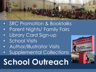 •
•
•
•
•
•

SRC Promotion & Booktalks
Parent Nights/ Family Fairs
Library Card Sign-up
School Visits
Author/Illustrator Visits
Supplemental Collections

School Outreach

 