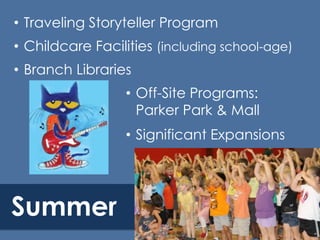 • Traveling Storyteller Program
• Childcare Facilities (including school-age)
• Branch Libraries

• Off-Site Programs:
Parker Park & Mall
• Significant Expansions

Summer

 