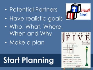 • Potential Partners

• Have realistic goals
• Who, What, Where,
When and Why
• Make a plan

Start Planning

 