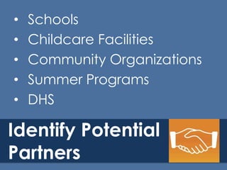 •
•
•
•
•

Schools
Childcare Facilities
Community Organizations
Summer Programs
DHS

Identify Potential
Partners

 