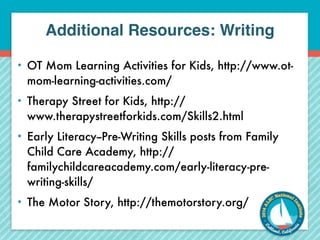 Additional Resources: Writing 
• OT Mom Learning Activities for Kids, http://www.ot-mom- 
learning-activities.com/ 
• Therapy Street for Kids, http:// 
www.therapystreetforkids.com/Skills2.html 
• Early Literacy--Pre-Writing Skills posts from Family 
Child Care Academy, http:// 
familychildcareacademy.com/early-literacy-pre-writing- 
skills/ 
• The Motor Story, http://themotorstory.org/ 
 