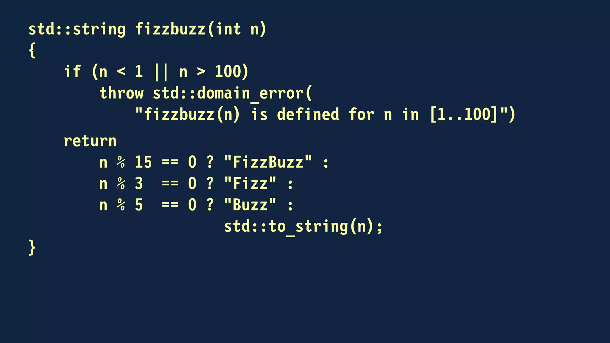 void fizzbuzzer(channel<int> & in, channel<std::any> & out)
{
for (;;)
{
try
{
int n;
in >> n;
out << fizzbuzz(n);
}
catch (...)
{
out << std::current_exception();
}
}
}
 