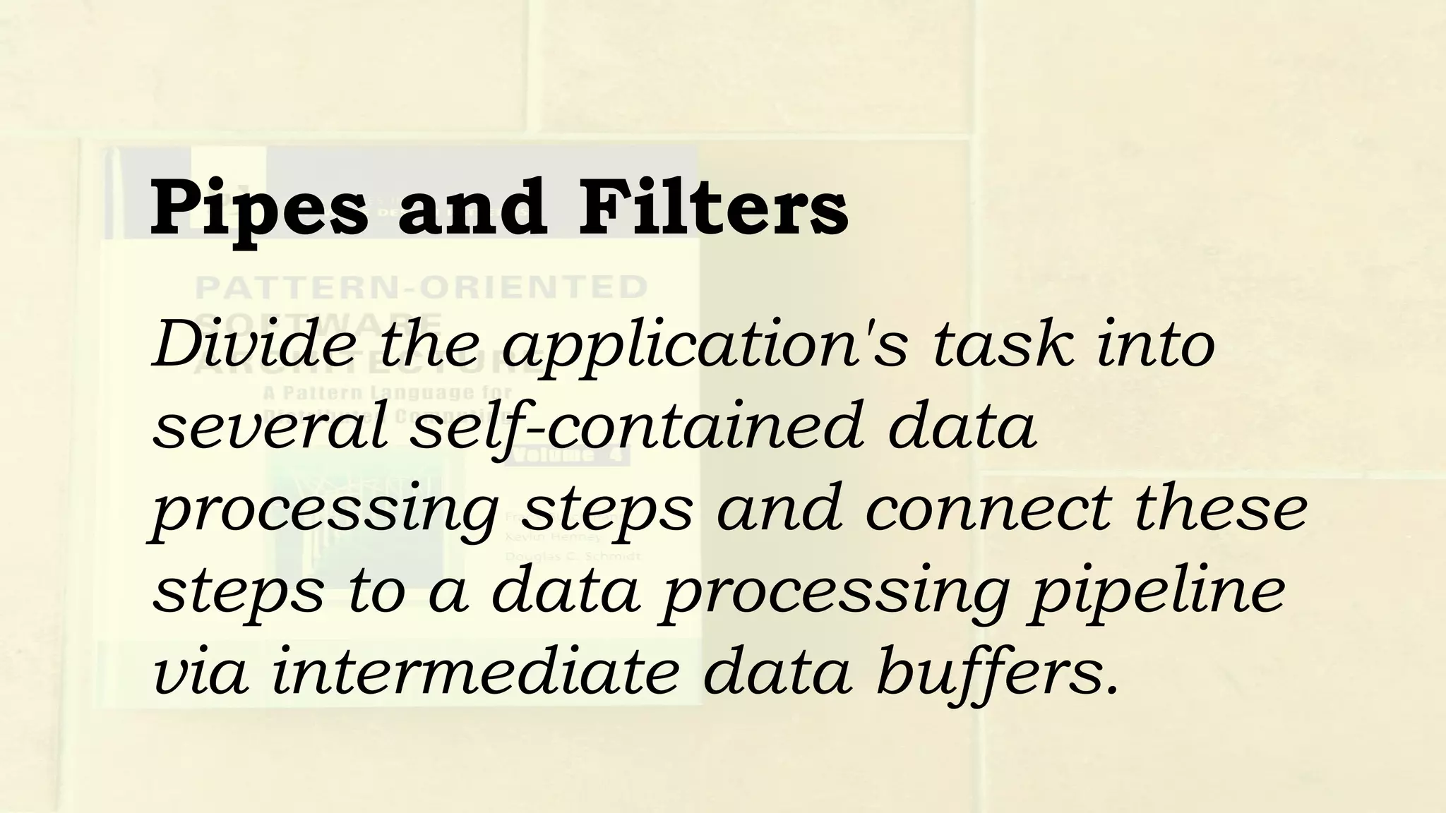 Simple filters that can be arbitrarily
chained are more easily re-used, and
more robust, than almost any other
kind of code.
Brandon Rhodes
http://rhodesmill.org/brandon/slides/2012-11-pyconca/
 
