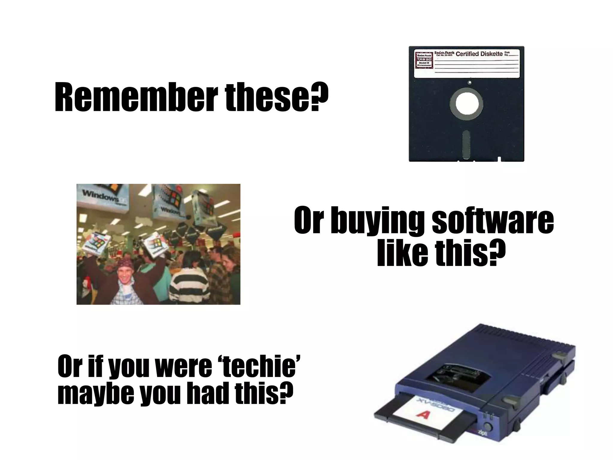 Remember these?
Or buying software
like this?
Or if you were ‘techie’
maybe you had this?
 