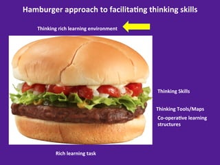 Hamburger	
  approach	
  to	
  facilita8ng	
  thinking	
  skills	
  

     Thinking	
  rich	
  learning	
  environment	
  




                                                       Thinking	
  Skills	
  


                                                       Thinking	
  Tools/Maps	
  
                                                       Co-­‐opera8ve	
  learning	
  
                                                       structures	
  




               Rich	
  learning	
  task	
  
 