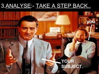 3. ANALYSE :-  TAKE A STEP BACK.. you YOUR SUBJECT. 