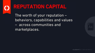 REPUTATION CAPITAL
The worth of your reputation –
behaviors, capabilities and values
– across communities and
marketplaces.
 