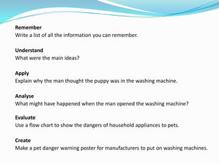  Use them often in teaching and learningOpening the Thinking ToolboxBrainstormingThe QuestionWhat if?The ReverseDe Bono’sThinking Hats, PMITony Ryan’s Thinker’s KeysGraphic OrganisersONThe learning strategy or frameworkBloom’s TaxonomyThinking behaviours important in the processes of learningLearning to Learn skillsQuestioning and Info Literacy skills Thinking ToolsHabits of MindThinking dispositionsDefining Key Competencies