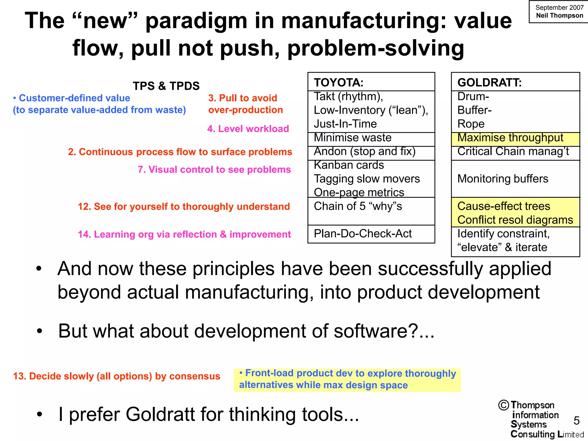 September 2007

  The “new” paradigm in manufacturing: value                                                           Neil Thompson




      flow, pull not push, problem-solving
                         TPS & TPDS                           TOYOTA:                   GOLDRATT:
• Customer-defined value                 3. Pull to avoid     Takt (rhythm),            Drum-
(to separate value-added from waste)     over-production      Low-Inventory (“lean”),   Buffer-
                                         4. Level workload    Just-In-Time              Rope
                                                              Minimise waste            Maximise throughput
           2. Continuous process flow to surface problems     Andon (stop and fix)      Critical Chain manag’t
                          7. Visual control to see problems   Kanban cards
                                                              Tagging slow movers       Monitoring buffers
                                                              One-page metrics
             12. See for yourself to thoroughly understand    Chain of 5 “why”s         Cause-effect trees
                                                                                        Conflict resol diagrams
             14. Learning org via reflection & improvement    Plan-Do-Check-Act         Identify constraint,
                                                                                        “elevate” & iterate

    • And now these principles have been successfully applied
      beyond actual manufacturing, into product development
    • But what about development of software?...

13. Decide slowly (all options) by consensus


                                                                                                ©
    • I prefer Goldratt for thinking tools...                                                                     5
 