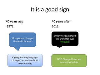 It is a good sign
40 years ago
1972
40 years after
2012
32 keywords changed
the world for ever
60 keywords changed
the world for ever
yet again
C programming language
changed our notion about
programming
LINQ Changed how we
interact with data
 