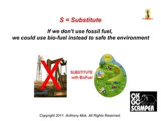 Copyright 2011. Anthony Mok. All Rights Reserved. S = Substitute If we don't use fossil fuel,  we could use bio-fuel instead to safe the environment 