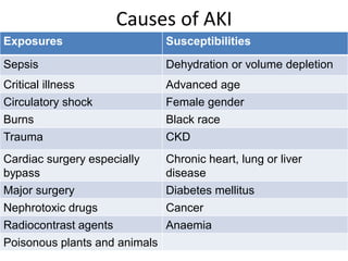 Causes of AKI
Exposures Susceptibilities
Sepsis Dehydration or volume depletion
Critical illness Advanced age
Circulatory shock Female gender
Burns Black race
Trauma CKD
Cardiac surgery especially
bypass
Chronic heart, lung or liver
disease
Major surgery Diabetes mellitus
Nephrotoxic drugs Cancer
Radiocontrast agents Anaemia
Poisonous plants and animals
 