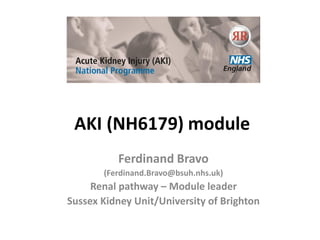 AKI (NH6179) module
Ferdinand Bravo
(Ferdinand.Bravo@bsuh.nhs.uk)
Renal pathway – Module leader
Sussex Kidney Unit/University of Brighton
 