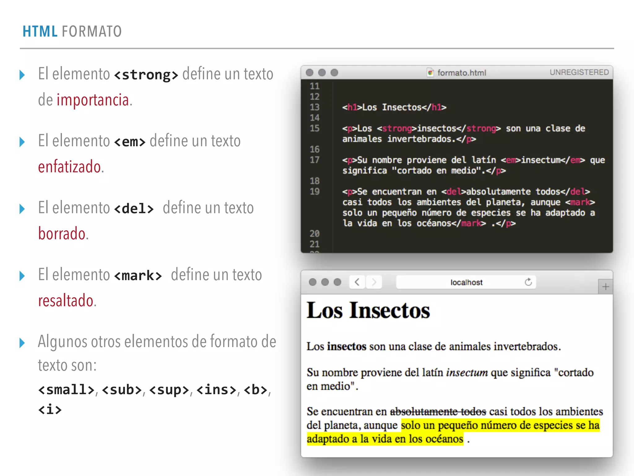 HTML FORMATO
▸ El elemento <strong> deﬁne un texto
de importancia.
▸ El elemento <em> deﬁne un texto
enfatizado.
▸ El elemento <del>	
  deﬁne un texto
borrado.
▸ El elemento <mark>	
  deﬁne un texto
resaltado.
▸ Algunos otros elementos de formato de
texto son:  
<small>, <sub>, <sup>, <ins>, <b>,
<i>
 