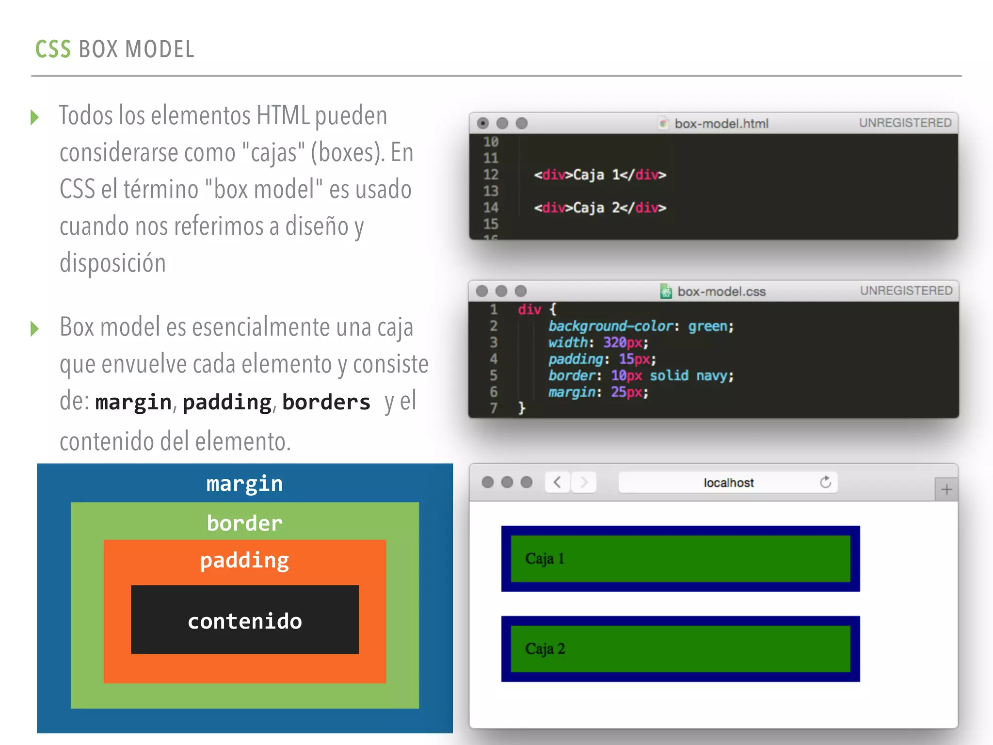 CSS BOX MODEL
▸ Todos los elementos HTML pueden
considerarse como "cajas" (boxes). En
CSS el término "box model" es usado
cuando nos referimos a diseño y
disposición
▸ Box model es esencialmente una caja
que envuelve cada elemento y consiste
de: margin, padding, borders	
  y el
contenido del elemento.
margin
border
padding
contenido
 