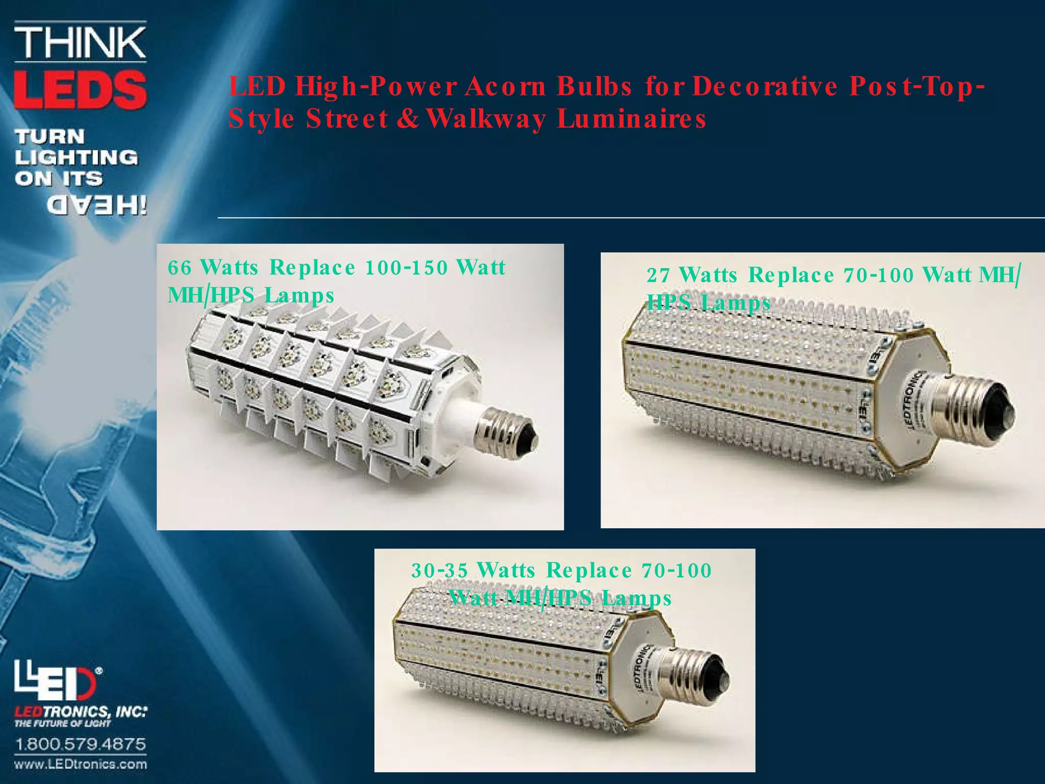LED High-Power Acorn Bulbs for Decorative Post-Top-Style Street & Walkway Luminaires 66 Watts Replace 100-150 Watt MH/HPS Lamps   27   Watts Replace   70-100 Watt MH/HPS Lamps  30-35   Watts Replace   70-100 Watt MH/HPS Lamps 