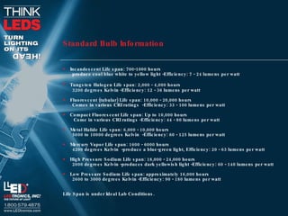 Standard Bulb Information Incandescent Life span: 700-1000 hours produce cool blue white to yellow light -Efficiency: 7 - 24 lumens per watt Tungsten   Halogen Life span: 2,000 - 4,000 hours  3200 degrees Kelvin -Efficiency: 12 - 36 lumens per watt Fluorescent (tubular) Life span: 10,000 - 20,000 hours Comes in various CRI ratings  -Efficiency: 33 - 100 lumens per watt Compact Fluorescent Life span: Up to 10,000 hours Come in various CRI ratings -Efficiency: 44 - 80 lumens per watt Metal Halide Life span: 6,000 - 10,000 hours 5000 to 10000 degrees Kelvin  -Efficiency: 60 - 125 lumens per watt Mercury Vapor Life span: 1600 - 6000 hours 4200 degrees Kelvin  -produce a blue-green light, Efficiency: 20 - 63 lumens per watt High Pressure Sodium Life span: 18,000 - 24,000 hours 2000 degrees Kelvin -produces dark yellowish light -Efficiency: 60 - 140 lumens per watt Low Pressure Sodium Life span: approximately 16,000 hours 2600 to 3000 degrees Kelvin -Efficiency: 90 - 180 lumens per watt Life Span is under Ideal Lab Conditions. 