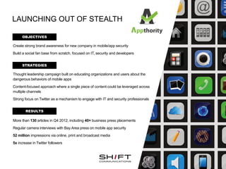 Click to edit Master text styles
LAUNCHING OUT OF STEALTH
OBJECTIVES
Thought leadership campaign built on educating organizations and users about the
dangerous behaviors of mobile apps
Content-focused approach where a single piece of content could be leveraged across
multiple channels
Strong focus on Twitter as a mechanism to engage with IT and security professionals
More than 130 articles in Q4 2012, including 40+ business press placements
Regular camera interviews with Bay Area press on mobile app security
52 million impressions via online, print and broadcast media
5x increase in Twitter followers
STRATEGIES
RESULTS
Create strong brand awareness for new company in mobile/app security
Build a social fan base from scratch, focused on IT, security and developers
 