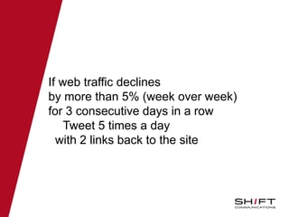 If web traffic declines
by more than 5% (week over week)
for 3 consecutive days in a row
Tweet 5 times a day
with 2 links back to the site
 