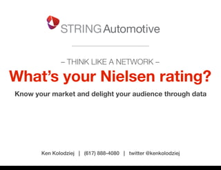 – THINK LIKE A NETWORK –
What’s your Nielsen rating?
Know your market and delight your audience through data
Ken Kolodziej | (617) 888-4080 | twitter @kenkolodziej
Thursday, May 22, 14
 