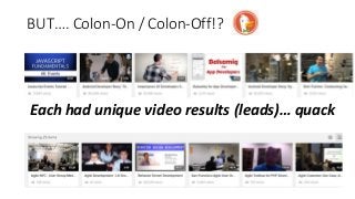 BUT…. Colon-On / Colon-Off!?
Each had unique video results (leads)… quack
 