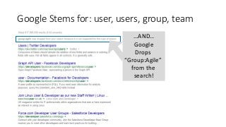 Google Stems for: user, users, group, team
…AND…
Google
Drops
“Group:Agile”
from the
search!
 