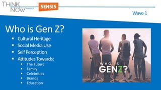 Who is Gen Z?
Wave1
 CulturalHeritage
 SocialMediaUse
 SelfPerception
 AttitudesTowards:
 The Future
 Family
 Celebrities
 Brands
 Education
 