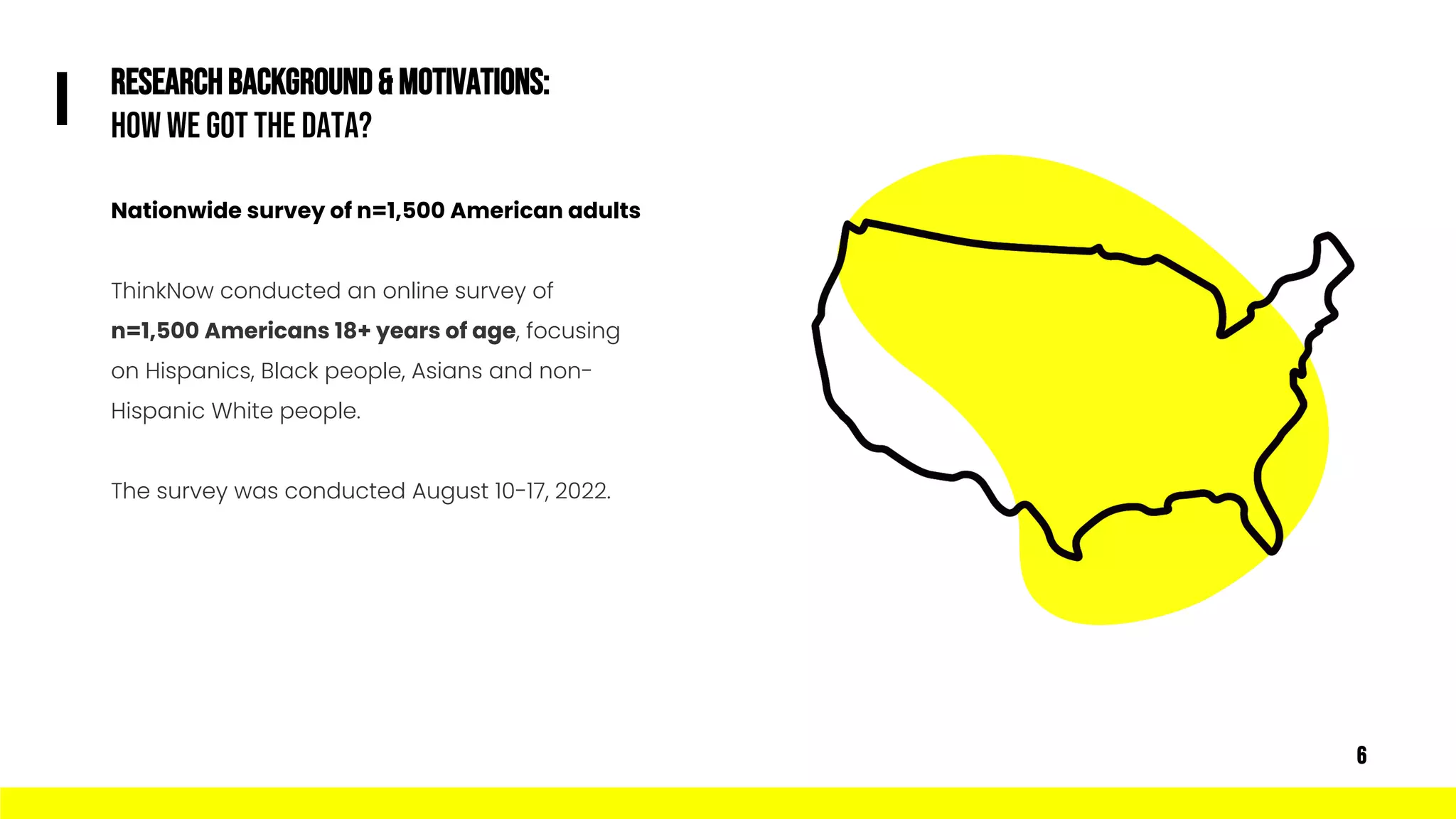 RESEARCHBACKGROUND& MOTIVATIONS:
HOW WE GOT THE DATA?
I
Nationwide survey of n=1,500 American adults
ThinkNow conducted an online survey of
n=1,500 Americans 18+ years of age, focusing
on Hispanics, Black people, Asians and non-
Hispanic White people.
The survey was conducted August 10-17, 2022.
6
 