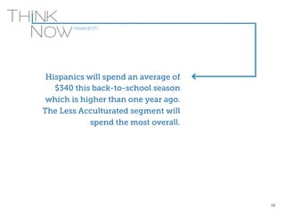 Hispanics will spend an average of 
$340 this back-to-school season 
which is higher than one year ago. 
The Less Acculturated segment will 
spend the most overall. 
18 
 