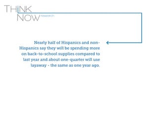 Nearly half of Hispanics and non- 
Hispanics say they will be spending more 
on back-to-school supplies compared to 
last year and about one-quarter will use 
layaway - the same as one year ago. 
 