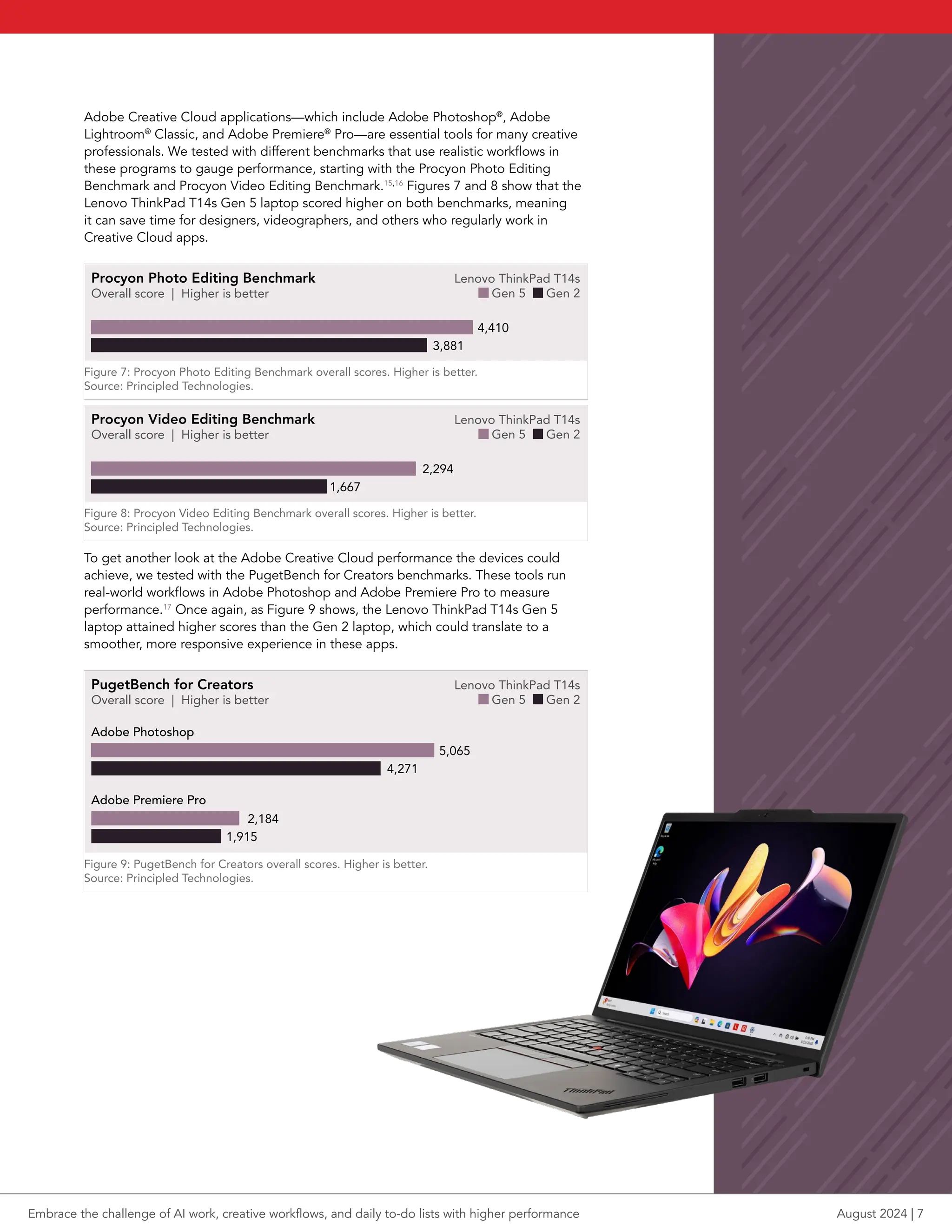 Adobe Creative Cloud applications—which include Adobe Photoshop®
, Adobe
Lightroom®
Classic, and Adobe Premiere®
Pro—are essential tools for many creative
professionals. We tested with different benchmarks that use realistic workflows in
these programs to gauge performance, starting with the Procyon Photo Editing
Benchmark and Procyon Video Editing Benchmark.15,16
Figures 7 and 8 show that the
Lenovo ThinkPad T14s Gen 5 laptop scored higher on both benchmarks, meaning
it can save time for designers, videographers, and others who regularly work in
Creative Cloud apps.
Procyon Photo Editing Benchmark
Overall score | Higher is better
Lenovo ThinkPad T14s
Gen 5 Gen 2
3,881
4,410
bar pt length = score /18
Figure 7: Procyon Photo Editing Benchmark overall scores. Higher is better.
Source: Principled Technologies.
Procyon Video Editing Benchmark
Overall score | Higher is better
Lenovo ThinkPad T14s
Gen 5 Gen 2
1,667
2,294
bar pt length = score /11
Figure 8: Procyon Video Editing Benchmark overall scores. Higher is better.
Source: Principled Technologies.
To get another look at the Adobe Creative Cloud performance the devices could
achieve, we tested with the PugetBench for Creators benchmarks. These tools run
real-world workflows in Adobe Photoshop and Adobe Premiere Pro to measure
performance.17
Once again, as Figure 9 shows, the Lenovo ThinkPad T14s Gen 5
laptop attained higher scores than the Gen 2 laptop, which could translate to a
smoother, more responsive experience in these apps.
PugetBench for Creators
Overall score | Higher is better
Adobe Photoshop
5,065
4,271
Adobe Premiere Pro
2,184
1,915
Lenovo ThinkPad T14s
Gen 5 Gen 2
bar pt length = score/23
Figure 9: PugetBench for Creators overall scores. Higher is better.
Source: Principled Technologies.
Embrace the challenge of AI work, creative workflows, and daily to-do lists with higher performance August 2024 | 7
 