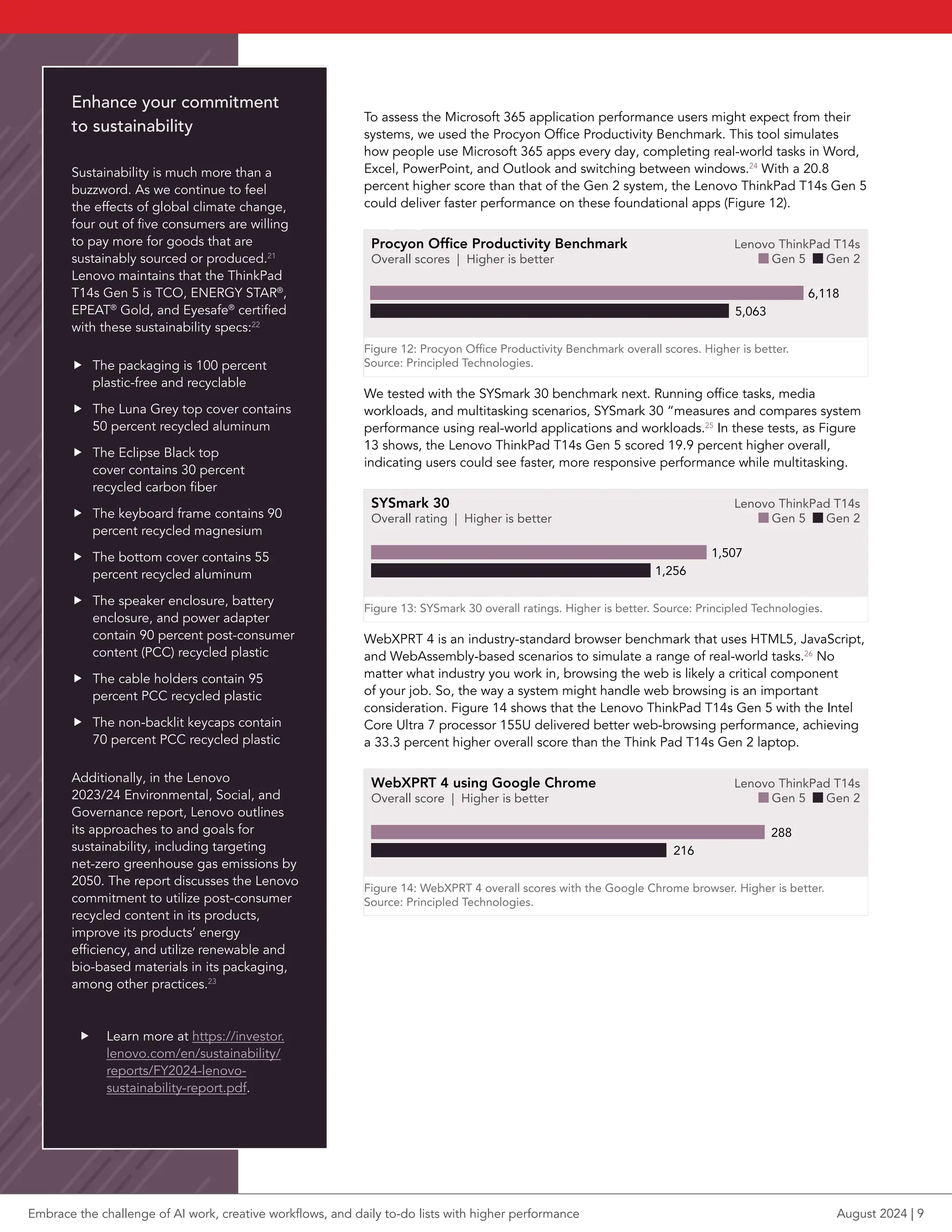 To assess the Microsoft 365 application performance users might expect from their
systems, we used the Procyon Office Productivity Benchmark. This tool simulates
how people use Microsoft 365 apps every day, completing real-world tasks in Word,
Excel, PowerPoint, and Outlook and switching between windows.24
With a 20.8
percent higher score than that of the Gen 2 system, the Lenovo ThinkPad T14s Gen 5
could deliver faster performance on these foundational apps (Figure 12).
Procyon Office Productivity Benchmark
Overall scores | Higher is better
5,063
Lenovo ThinkPad T14s
Gen 5 Gen 2
6,118
bar pt length = score /22
Figure 12: Procyon Office Productivity Benchmark overall scores. Higher is better.
Source: Principled Technologies.
We tested with the SYSmark 30 benchmark next. Running office tasks, media
workloads, and multitasking scenarios, SYSmark 30 “measures and compares system
performance using real-world applications and workloads.25
In these tests, as Figure
13 shows, the Lenovo ThinkPad T14s Gen 5 scored 19.9 percent higher overall,
indicating users could see faster, more responsive performance while multitasking.
SYSmark 30
Overall rating | Higher is better
1,256
Lenovo ThinkPad T14s
Gen 5 Gen 2
1,507
bar pt length = score /7
bar pt length = score /1.14
Figure 13: SYSmark 30 overall ratings. Higher is better. Source: Principled Technologies.
WebXPRT 4 is an industry-standard browser benchmark that uses HTML5, JavaScript,
and WebAssembly-based scenarios to simulate a range of real-world tasks.26
No
matter what industry you work in, browsing the web is likely a critical component
of your job. So, the way a system might handle web browsing is an important
consideration. Figure 14 shows that the Lenovo ThinkPad T14s Gen 5 with the Intel
Core Ultra 7 processor 155U delivered better web-browsing performance, achieving
a 33.3 percent higher overall score than the Think Pad T14s Gen 2 laptop.
WebXPRT 4 using Google Chrome
Overall score | Higher is better
Lenovo ThinkPad T14s
Gen 5 Gen 2
216
288
bar pt length = score /1.14
Figure 14: WebXPRT 4 overall scores with the Google Chrome browser. Higher is better.
Source: Principled Technologies.
Enhance your commitment
to sustainability
Sustainability is much more than a
buzzword. As we continue to feel
the effects of global climate change,
four out of five consumers are willing
to pay more for goods that are
sustainably sourced or produced.21
Lenovo maintains that the ThinkPad
T14s Gen 5 is TCO, ENERGY STAR®
,
EPEAT®
Gold, and Eyesafe®
certified
with these sustainability specs:22
f The packaging is 100 percent
plastic-free and recyclable
f The Luna Grey top cover contains
50 percent recycled aluminum
f The Eclipse Black top
cover contains 30 percent
recycled carbon fiber
f The keyboard frame contains 90
percent recycled magnesium
f The bottom cover contains 55
percent recycled aluminum
f The speaker enclosure, battery
enclosure, and power adapter
contain 90 percent post-consumer
content (PCC) recycled plastic
f The cable holders contain 95
percent PCC recycled plastic
f The non-backlit keycaps contain
70 percent PCC recycled plastic
Additionally, in the Lenovo
2023/24 Environmental, Social, and
Governance report, Lenovo outlines
its approaches to and goals for
sustainability, including targeting
net-zero greenhouse gas emissions by
2050. The report discusses the Lenovo
commitment to utilize post-consumer
recycled content in its products,
improve its products’ energy
efficiency, and utilize renewable and
bio-based materials in its packaging,
among other practices.23
f Learn more at https://investor.
lenovo.com/en/sustainability/
reports/FY2024-lenovo-
sustainability-report.pdf.
Embrace the challenge of AI work, creative workflows, and daily to-do lists with higher performance August 2024 | 9
 