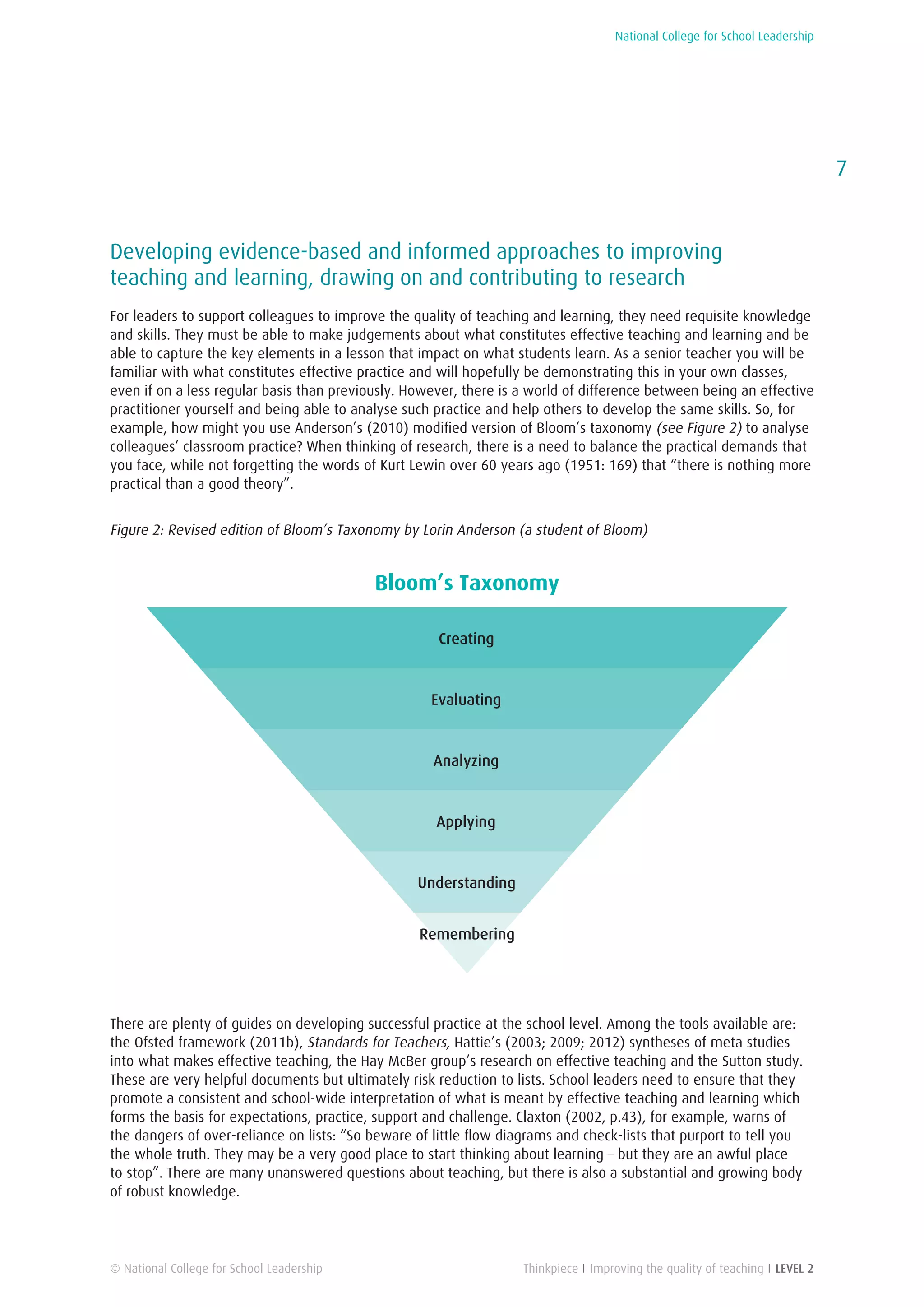 National College for School Leadership
7
Thinkpiece I Improving the quality of teaching I LEVEL 2© National College for School Leadership
Developing evidence-based and informed approaches to improving
teaching and learning, drawing on and contributing to research
For leaders to support colleagues to improve the quality of teaching and learning, they need requisite knowledge
and skills. They must be able to make judgements about what constitutes effective teaching and learning and be
able to capture the key elements in a lesson that impact on what students learn. As a senior teacher you will be
familiar with what constitutes effective practice and will hopefully be demonstrating this in your own classes,
even if on a less regular basis than previously. However, there is a world of difference between being an effective
practitioner yourself and being able to analyse such practice and help others to develop the same skills. So, for
example, how might you use Anderson’s (2010) modified version of Bloom’s taxonomy (see Figure 2) to analyse
colleagues’ classroom practice? When thinking of research, there is a need to balance the practical demands that
you face, while not forgetting the words of Kurt Lewin over 60 years ago (1951: 169) that “there is nothing more
practical than a good theory”.
Figure 2: Revised edition of Bloom’s Taxonomy by Lorin Anderson (a student of Bloom)
There are plenty of guides on developing successful practice at the school level. Among the tools available are:
the Ofsted framework (2011b), Standards for Teachers, Hattie’s (2003; 2009; 2012) syntheses of meta studies
into what makes effective teaching, the Hay McBer group’s research on effective teaching and the Sutton study.
These are very helpful documents but ultimately risk reduction to lists. School leaders need to ensure that they
promote a consistent and school-wide interpretation of what is meant by effective teaching and learning which
forms the basis for expectations, practice, support and challenge. Claxton (2002, p.43), for example, warns of
the dangers of over-reliance on lists: “So beware of little flow diagrams and check-lists that purport to tell you
the whole truth. They may be a very good place to start thinking about learning – but they are an awful place
to stop”. There are many unanswered questions about teaching, but there is also a substantial and growing body
of robust knowledge.
Creating
Evaluating
Analyzing
Applying
Understanding
Remembering
Bloom’s Taxonomy
 