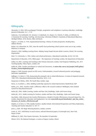 National College for School Leadership
13
Thinkpiece I Improving the quality of teaching I LEVEL 2© National College for School Leadership
Bibliography
Alexander, R, 2004, Still no pedagogy? Principle, pragmatism and compliance in primary education, Cambridge
Journal of Education, 34, 1, 7–33
Anderson, L W, Krathwohl, D R, Airasian, P, Cruikshank, K A, Mayer, R E, Pintrich, P, Raths, J & Wittrock, M,
A Taxonomy for Learning, Teaching, and Assessing: A Revision of Bloom’s Taxonomy of Educational Objectives,
Abridged Edition, 2010, Boston, Allyn and Bacon
Argyris, C, & Schön, D, 1978, Organizational learning: A theory of action perspective, Reading Mass,
Addison Wesley
Barber, M, & Mourshed, M, 2007, How the world’s best performing school systems come out on top, London,
McKinsey & Company
Claxton G, 2002, Building Learning Power: Helping Young People Become Better Learners, Bristol, The Learning
Organisation
Deal, T E, & Kennedy, A, 1983, Culture and school performance, Educational Leadership, 40 (4): 535-550.
Department of Education, 2010, White paper – The importance of teaching, London, the Department of Education
Galton, M, 2007, Learning and Teaching in the Primary Classroom, London, Paul Chapman Publishing, GTC, 2011
Teaching Quality, Policy Papers, London, GTC
Galton M, 2008, Creative practitioners in school and classrooms, at www.educ.cam.ac.uk/people/staff/galton/
Creative_Partnershipfinalrept.pdf
Hagger H, 2009, Keynote speech to GTCE event, Professionalism, research-informed practice and pedagogy,
November unpublished
Hallinger, P, & Heck, R, 1996, Reassessing the principal’s role in school effectiveness: A review of empirical research,
1980–1995, Educational Administration Quarterly, 32(1), 5–44
Hargreaves & Shirley, 2009, The Fourth Way, London, Sage
Harris, A, & Lambert, L, 2003, Building Leadership capacity for school improvement, Maidenhead, OUP
Hattie, J A C, 2003, Teachers make a difference: What is the research evidence? Wellington, New Zealand
Council for Educational Research
Hattie JAC, 2009, Visible Learning, London and New York, Routledge, Taylor and Francis Group
Hattie JAC, 2012, Visible Learning for Teachers, London and New York, Routledge, Taylor and Francis Group
Hay McBer, 2000, Research into Teacher Effectiveness; A Model of Teacher Effectiveness, Research Report No. 216,
London, Department for Education and Employment. See also www.belb.org.uk/Downloads/i_ipd_hay_mcber_
measures_of_teacher_effectiveness.pdf
Hopkins, D, & Stern, D, 1996, Quality Teachers, Quality Schools: International Perspectives and Policy Implications,
Teaching and Teacher Education 12: 501–17
Jones, J, 2009, The Magic-Weaving Business, London, Leannta
Lewin, K, 1951, Field theory in social science; selected theoretical papers, D Cartwright (ed.), New York,
Harper & Row
Milliband, D, 2003, Class haunts classroom, The Guardian 18 September
Ofsted, 2010, The National Strategies: a review of impact, London, Ofsted
 