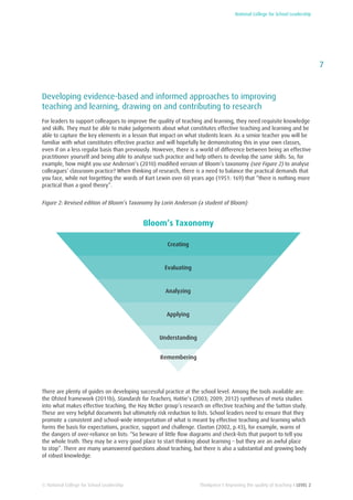 National College for School Leadership
7
Thinkpiece I Improving the quality of teaching I LEVEL 2© National College for School Leadership
Developing evidence-based and informed approaches to improving
teaching and learning, drawing on and contributing to research
For leaders to support colleagues to improve the quality of teaching and learning, they need requisite knowledge
and skills. They must be able to make judgements about what constitutes effective teaching and learning and be
able to capture the key elements in a lesson that impact on what students learn. As a senior teacher you will be
familiar with what constitutes effective practice and will hopefully be demonstrating this in your own classes,
even if on a less regular basis than previously. However, there is a world of difference between being an effective
practitioner yourself and being able to analyse such practice and help others to develop the same skills. So, for
example, how might you use Anderson’s (2010) modified version of Bloom’s taxonomy (see Figure 2) to analyse
colleagues’ classroom practice? When thinking of research, there is a need to balance the practical demands that
you face, while not forgetting the words of Kurt Lewin over 60 years ago (1951: 169) that “there is nothing more
practical than a good theory”.
Figure 2: Revised edition of Bloom’s Taxonomy by Lorin Anderson (a student of Bloom)
There are plenty of guides on developing successful practice at the school level. Among the tools available are:
the Ofsted framework (2011b), Standards for Teachers, Hattie’s (2003; 2009; 2012) syntheses of meta studies
into what makes effective teaching, the Hay McBer group’s research on effective teaching and the Sutton study.
These are very helpful documents but ultimately risk reduction to lists. School leaders need to ensure that they
promote a consistent and school-wide interpretation of what is meant by effective teaching and learning which
forms the basis for expectations, practice, support and challenge. Claxton (2002, p.43), for example, warns of
the dangers of over-reliance on lists: “So beware of little flow diagrams and check-lists that purport to tell you
the whole truth. They may be a very good place to start thinking about learning – but they are an awful place
to stop”. There are many unanswered questions about teaching, but there is also a substantial and growing body
of robust knowledge.
Creating
Evaluating
Analyzing
Applying
Understanding
Remembering
Bloom’s Taxonomy
 