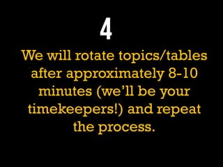 We will rotate topics/tables
after approximately 8-10
minutes (we’ll be your
timekeepers!) and repeat
the process.
 