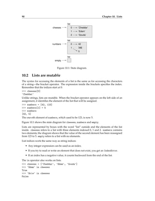 90 Chapter 10. Lists
0
1
list
numbers
123
5
list
empty
0
1
2
’Cheddar’
’Edam’
’Gouda’
list
cheeses
42
Figure 10.1: State diagram.
10.2 Lists are mutable
The syntax for accessing the elements of a list is the same as for accessing the characters
of a string—the bracket operator. The expression inside the brackets specifies the index.
Remember that the indices start at 0:
>>> cheeses[0]
'Cheddar'
Unlike strings, lists are mutable. When the bracket operator appears on the left side of an
assignment, it identifies the element of the list that will be assigned.
>>> numbers = [42, 123]
>>> numbers[1] = 5
>>> numbers
[42, 5]
The one-eth element of numbers, which used to be 123, is now 5.
Figure 10.1 shows the state diagram for cheeses, numbers and empty.
Lists are represented by boxes with the word “list” outside and the elements of the list
inside. cheeses refers to a list with three elements indexed 0, 1 and 2. numbers contains
two elements; the diagram shows that the value of the second element has been reassigned
from 123 to 5. empty refers to a list with no elements.
List indices work the same way as string indices:
• Any integer expression can be used as an index.
• If you try to read or write an element that does not exist, you get an IndexError.
• If an index has a negative value, it counts backward from the end of the list.
The in operator also works on lists.
>>> cheeses = ['Cheddar', 'Edam', 'Gouda']
>>> 'Edam' in cheeses
True
>>> 'Brie' in cheeses
False
 