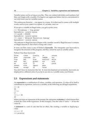 10 Chapter 2. Variables, expressions and statements
Variable names can be as long as you like. They can contain both letters and numbers, but
they can’t begin with a number. It is legal to use uppercase letters, but it is conventional to
use only lower case for variables names.
The underscore character, _, can appear in a name. It is often used in names with multiple
words, such as your_name or airspeed_of_unladen_swallow.
If you give a variable an illegal name, you get a syntax error:
>>> 76trombones = 'big parade'
SyntaxError: invalid syntax
>>> more@ = 1000000
SyntaxError: invalid syntax
>>> class = 'Advanced Theoretical Zymurgy'
SyntaxError: invalid syntax
76trombones is illegal because it begins with a number. more@ is illegal because it contains
an illegal character, @. But what’s wrong with class?
It turns out that class is one of Python’s keywords. The interpreter uses keywords to
recognize the structure of the program, and they cannot be used as variable names.
Python 3 has these keywords:
False class finally is return
None continue for lambda try
True def from nonlocal while
and del global not with
as elif if or yield
assert else import pass
break except in raise
You don’t have to memorize this list. In most development environments, keywords are
displayed in a different color; if you try to use one as a variable name, you’ll know.
2.3 Expressions and statements
An expression is a combination of values, variables, and operators. A value all by itself is
considered an expression, and so is a variable, so the following are all legal expressions:
>>> 42
42
>>> n
17
>>> n + 25
42
When you type an expression at the prompt, the interpreter evaluates it, which means that
it finds the value of the expression. In this example, n has the value 17 and n + 25 has the
value 42.
A statement is a unit of code that has an effect, like creating a variable or displaying a
value.
>>> n = 17
>>> print(n)
 