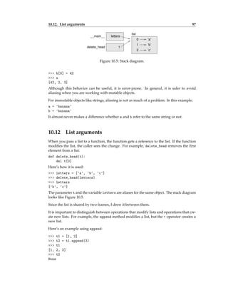 10.12. List arguments 97
0
1
2
’a’
’b’
’c’
list
t
letters
delete_head
__main__
Figure 10.5: Stack diagram.
>>> b[0] = 42
>>> a
[42, 2, 3]
Although this behavior can be useful, it is error-prone. In general, it is safer to avoid
aliasing when you are working with mutable objects.
For immutable objects like strings, aliasing is not as much of a problem. In this example:
a = 'banana'
b = 'banana'
It almost never makes a difference whether a and b refer to the same string or not.
10.12 List arguments
When you pass a list to a function, the function gets a reference to the list. If the function
modifies the list, the caller sees the change. For example, delete_head removes the first
element from a list:
def delete_head(t):
del t[0]
Here’s how it is used:
>>> letters = ['a', 'b', 'c']
>>> delete_head(letters)
>>> letters
['b', 'c']
The parameter t and the variable letters are aliases for the same object. The stack diagram
looks like Figure 10.5.
Since the list is shared by two frames, I drew it between them.
It is important to distinguish between operations that modify lists and operations that cre-
ate new lists. For example, the append method modifies a list, but the + operator creates a
new list.
Here’s an example using append:
>>> t1 = [1, 2]
>>> t2 = t1.append(3)
>>> t1
[1, 2, 3]
>>> t2
None
 