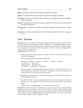 12.10. Exercises 123
gather: An operation that collects multiple arguments into a tuple.
scatter: An operation that makes a sequence behave like multiple arguments.
zip object: The result of calling a built-in function zip; an object that iterates through a
sequence of tuples.
iterator: An object that can iterate through a sequence, but which does not provide list
operators and methods.
data structure: A collection of related values, often organized in lists, dictionaries, tuples,
etc.
shape error: An error caused because a value has the wrong shape; that is, the wrong type
or size.
12.10 Exercises
Exercise 12.1. Write a function called most_frequent that takes a string and prints the let-
ters in decreasing order of frequency. Find text samples from several different languages and see
how letter frequency varies between languages. Compare your results with the tables at http:
// en. wikipedia. org/ wiki/ Letter_ frequencies . Solution: http: // thinkpython2.
com/ code/ most_ frequent. py .
Exercise 12.2. More anagrams!
1. Write a program that reads a word list from a file (see Section 9.1) and prints all the sets of
words that are anagrams.
Here is an example of what the output might look like:
['deltas', 'desalt', 'lasted', 'salted', 'slated', 'staled']
['retainers', 'ternaries']
['generating', 'greatening']
['resmelts', 'smelters', 'termless']
Hint: you might want to build a dictionary that maps from a collection of letters to a list
of words that can be spelled with those letters. The question is, how can you represent the
collection of letters in a way that can be used as a key?
2. Modify the previous program so that it prints the longest list of anagrams first, followed by
the second longest, and so on.
3. In Scrabble a “bingo” is when you play all seven tiles in your rack, along with a letter on
the board, to form an eight-letter word. What collection of 8 letters forms the most possible
bingos?
Solution: http: // thinkpython2. com/ code/ anagram_ sets. py .
Exercise 12.3. Two words form a “metathesis pair” if you can transform one into the other by
swapping two letters; for example, “converse” and “conserve”. Write a program that finds all of
the metathesis pairs in the dictionary. Hint: don’t test all pairs of words, and don’t test all possible
swaps. Solution: http: // thinkpython2. com/ code/ metathesis. py . Credit: This exercise
is inspired by an example at http: // puzzlers. org .
 
