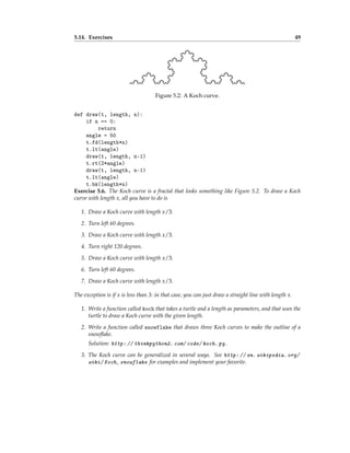 5.14. Exercises 49
Figure 5.2: A Koch curve.
def draw(t, length, n):
if n == 0:
return
angle = 50
t.fd(length*n)
t.lt(angle)
draw(t, length, n-1)
t.rt(2*angle)
draw(t, length, n-1)
t.lt(angle)
t.bk(length*n)
Exercise 5.6. The Koch curve is a fractal that looks something like Figure 5.2. To draw a Koch
curve with length x, all you have to do is
1. Draw a Koch curve with length x/3.
2. Turn left 60 degrees.
3. Draw a Koch curve with length x/3.
4. Turn right 120 degrees.
5. Draw a Koch curve with length x/3.
6. Turn left 60 degrees.
7. Draw a Koch curve with length x/3.
The exception is if x is less than 3: in that case, you can just draw a straight line with length x.
1. Write a function called koch that takes a turtle and a length as parameters, and that uses the
turtle to draw a Koch curve with the given length.
2. Write a function called snowflake that draws three Koch curves to make the outline of a
snowflake.
Solution: http: // thinkpython2. com/ code/ koch. py .
3. The Koch curve can be generalized in several ways. See http: // en. wikipedia. org/
wiki/ Koch_ snowflake for examples and implement your favorite.
 